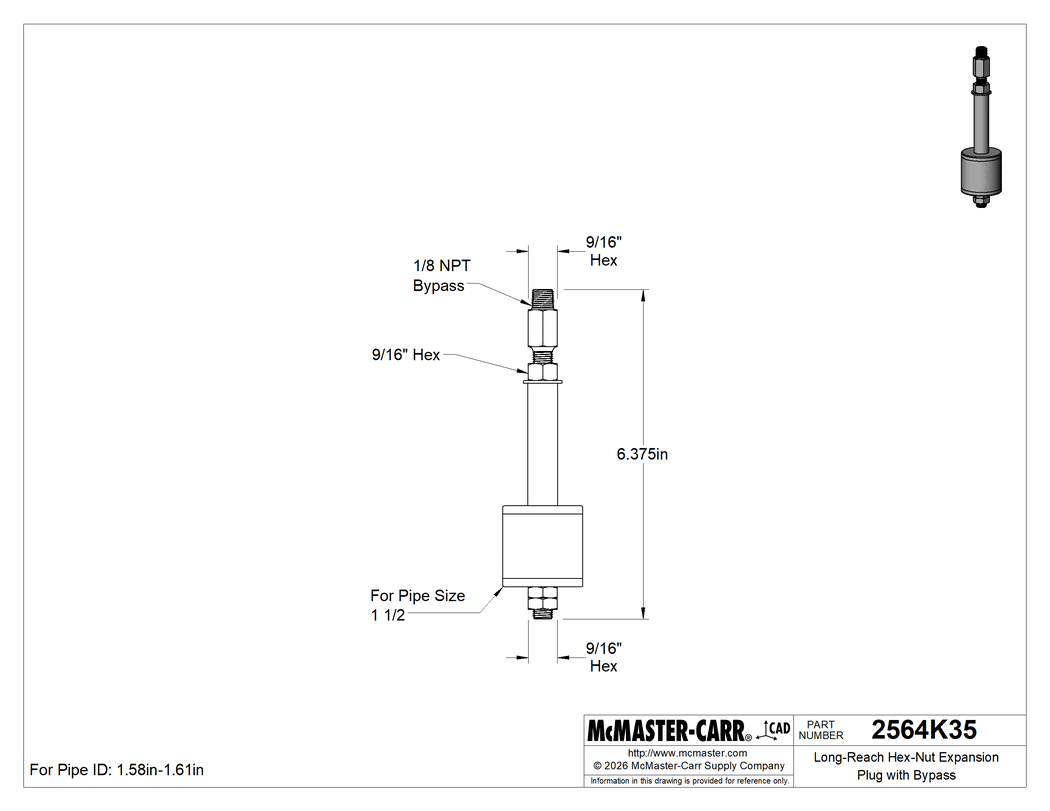 Technical Drawing of Long-Reach Hex-Nut Expansion Plug with Bypass, for 1-1/2 Pipe Size.